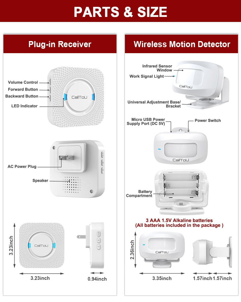 CallToU Bed Sensor Alarm and Fall Prevention for Elderly/Dementia/Patient Wireless Caregiver Pager Motion Sensor Alarms System Motion Detector Alert Monitor System 500+FT, Bed Alarm for Elderly Adult 1 Receiver+ 2 Motion Sensors