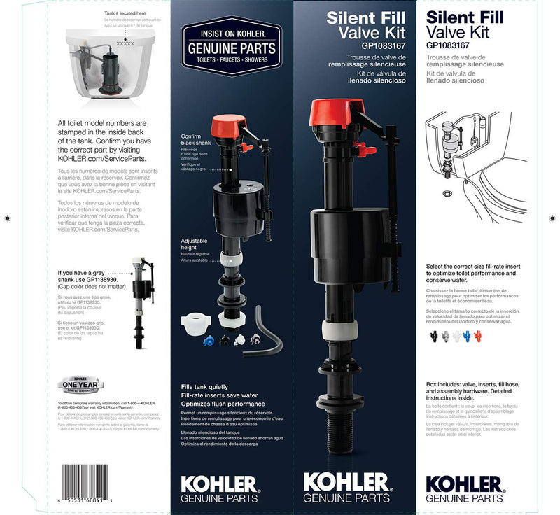 Kohler Genuine Part Gp1083167 Silent Fill Valve Kit For All Kohler Class Five Toilets,12.5" x 3.5" x 3" Black