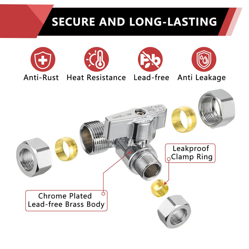 2Pcs EFIELD Tee Compression Stop Valve,1/2"NOM(5/8"OD) Inlet(VALVE247-2) Pack 2