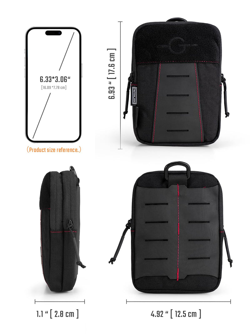 TACTICAL GEEK Block K EDC Compact Waist Pouch, Utility Pocket Organizer with Cache Pad, Nylon Zippers Tool Pouch, Multi-Purpose Small Gadget Organization for Daily Carry Black Red