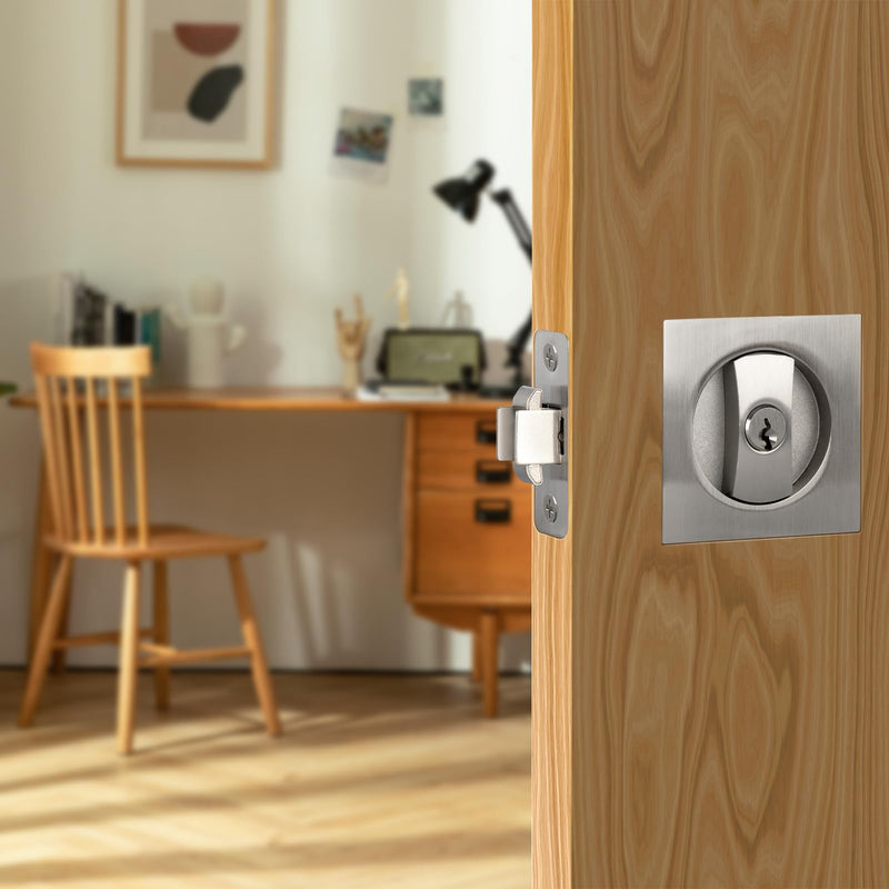 Square Pocket Door Lock, Satin Nickel Pocket Door Hardware, Sliding Pocket Door Lock with Key, Flush Pocket Door Latch for Bed/Bath Square Entrance
