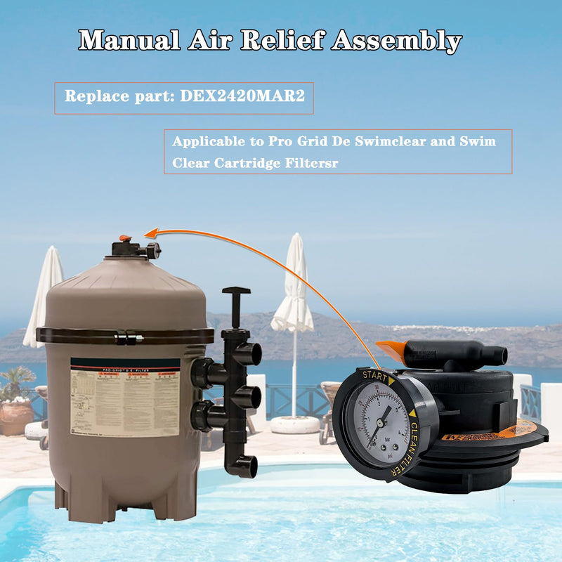 2420MAR2 Manual Air Relief Assembly, DEX2420MAR2 Air Relief Valve, Compatible with Pro-Grid DE, Swim Clear and Swim Clear Cartridge Filters with Teflon Tape and O-Ring