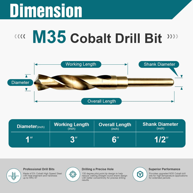 1 Inch Cobalt Drill Bit, M35 HSS Twist Drill Bit, 135° Split Point | Reduced Shank, Large hole drilling 6" length 3" working length for thick steel plate and stainless steel 1 Inch