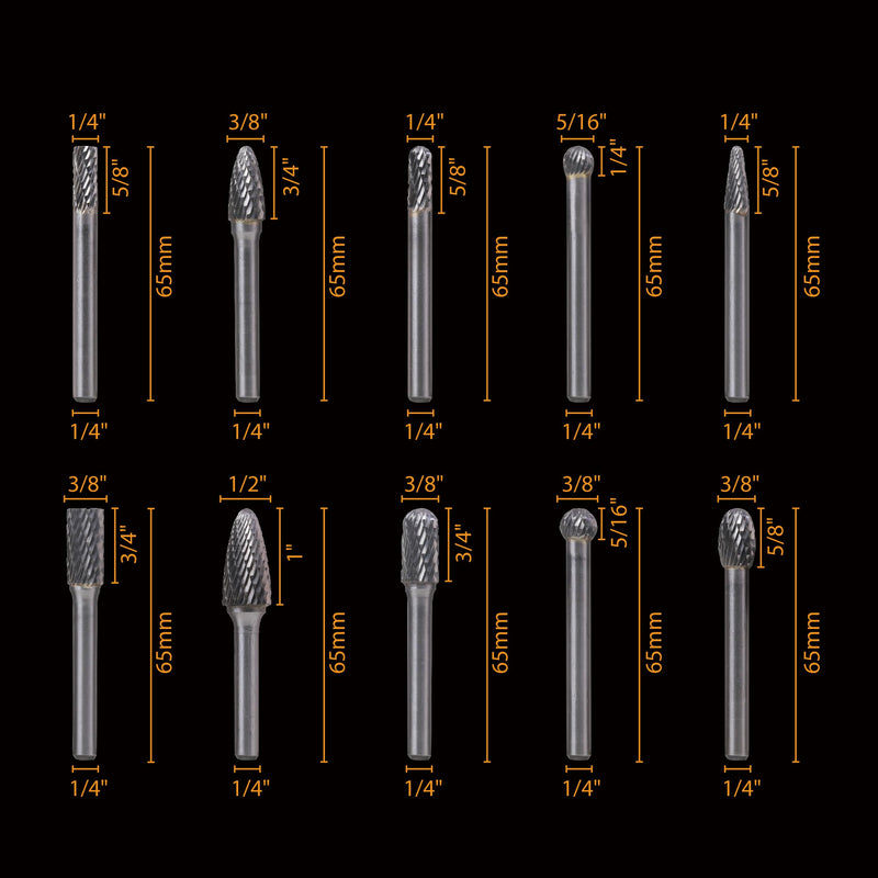 Carbide Cutting Burr Set 1/4 Inch Shank 10pcs Cutting Burr Rotary Files Set with Plastic Case Metal Wood Stone Hole Deburr Contouring Surface Milling Cleaning Grinding Engraving