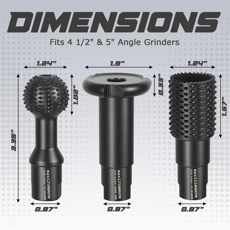 3Pcs Wood Carving Sphere Rotary Burr Set, Ball Gouge with 5/8-11 Thread, 4-1/2" & 5" Angle Grinder Attachments, Carbon Steel Power Carving Tools for Wood Grinding Hollowing Slotting Polishing