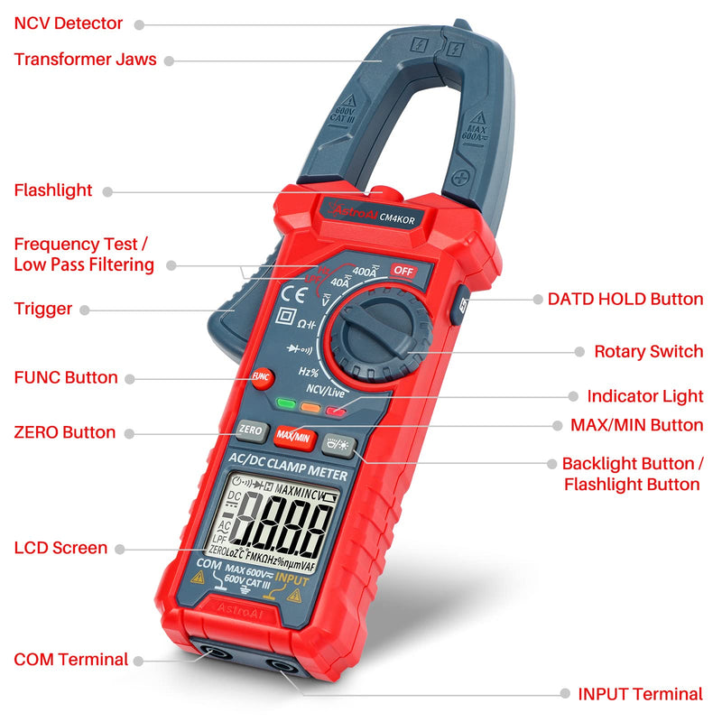 AstroAI Digital Clamp Meter Multimeter 4000 Counts Auto-ranging Amp Tester Measuring AC/DC Voltage & Current, Resistance, Capacitance, Frequency, Continuity, Live Wire Test, NCV Detection