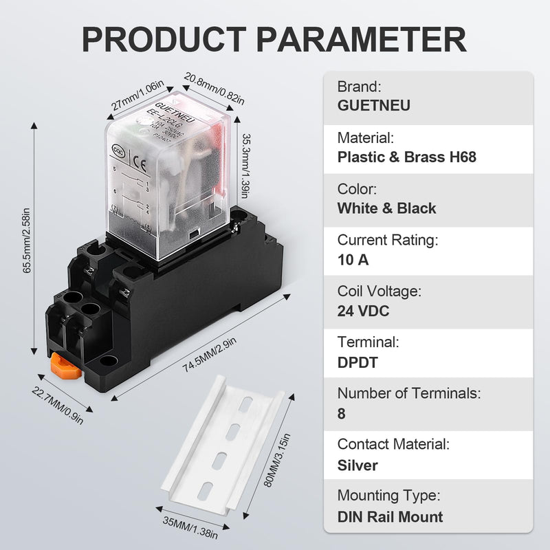 2 Pcs Electromagnetic Power Relays, Green Indicator Light, 8-Pin DPDT 10 A 24 VDC Relay with Plug-in Terminal Socket, DIN Rail Mounted, CQC, CE (EE-L2CLG) 8-Pin 24 VDC