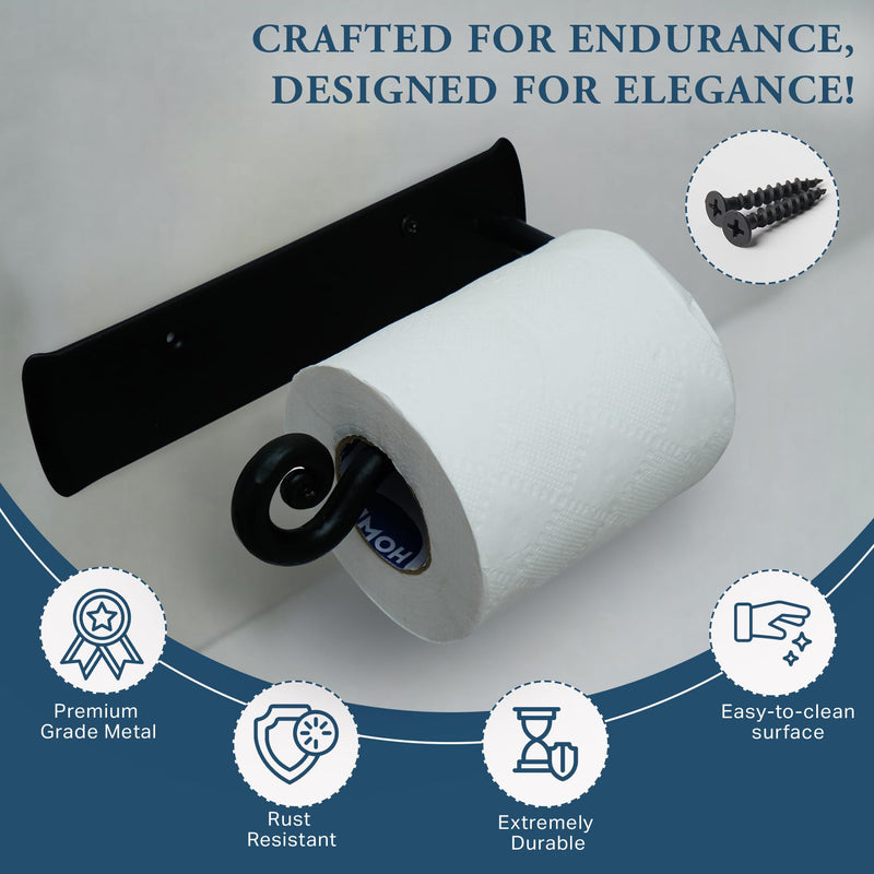 The Metal Magician Handmade Iron Wall Mount Toilet Paper Holder - Durable & Aesthetic Toilet Paper Roll Holder for Bathroom - Modern Farmhouse Bathroom Decor - (Elegant Swirl) - (Black) Elegant Swirl