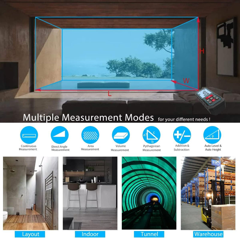Laser Measure 165ft 330ft DT50 DT100 Gen-2 Laser Distance Meter 50M Portable Handle Digital Measure Tool Range Finder Larger Backlit LCD 4 Line Display IP54 Shockproof DT50 GEN-2