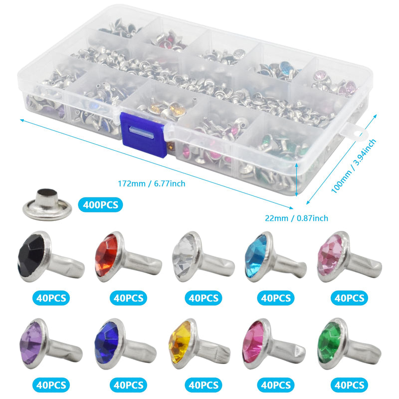 BDS-HOME 400sets 7mm Rhinestone Rivets 10 Colors Cz Crystal Rivets with Tubular Metal Studs 3 Tools for Clothing, Performance, Arts and Leather Craft DIY Making