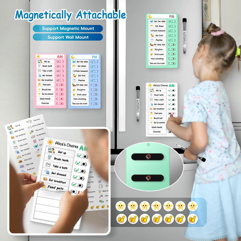 4 Pcs Chore Chart for Kids, Morning/Bedtime Routine Chart, Dry Erase to Do List, Magnetic Checklist, Visual Schedule for Kids (whitepinkbluegreen) Whitepinkbluegreen