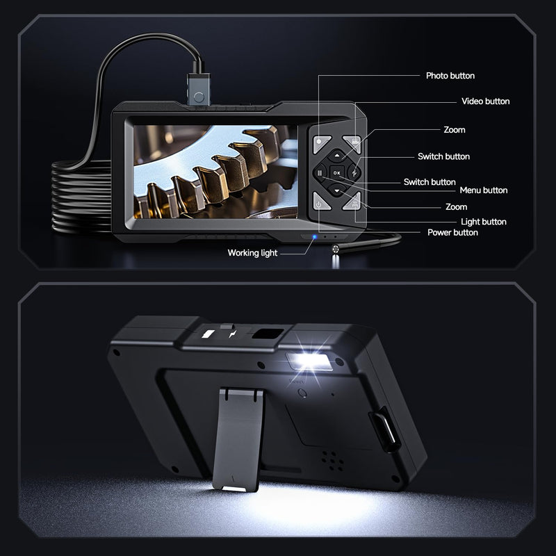 4.3" Endoscope with Light,1080P HD Photo Video Inspection Camera, IP67 Waterproof Borescope with 16.4FT Semi-Rigid Cable,Snake Sewer Camera with 6 LED Lights,32GB SD Card
