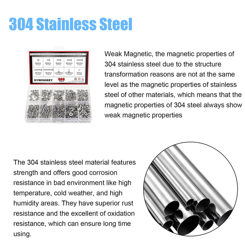 DYWISHKEY 566 Pieces M3x 4/6 /8/10 /12/16 /20mm Countersunk Head Socket Cap Screws Nuts Washers Assortment Kit, M3 Flat Head Screws Kit, 304 Stainless Steel
