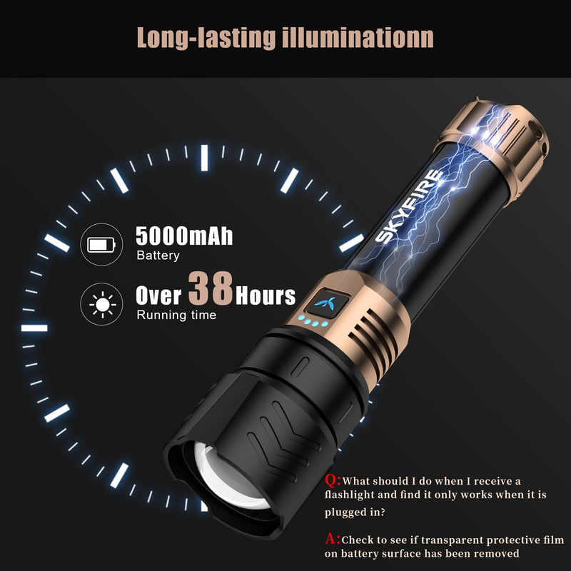 SKYFIRE LED Flashlights High Lumens with Ignition Lens,2000lm Super Bright Rechargeable Flashlight, Zoomable,Four Modes,Waterproof Tactical Flash Light for Camping Essentials,Outdoor and Home,Gift Rechargeable Flashlight-Black & Gold with Ignition Lens