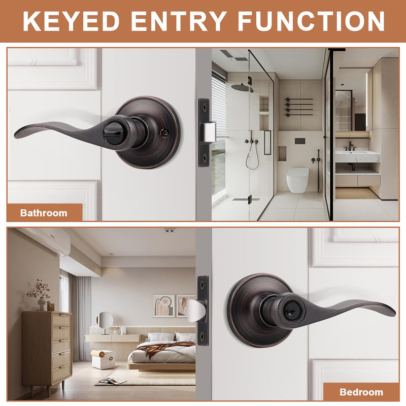 Probrico 2 Pack Entry Door Lever [Lock with 3 Keys],Locking Door Handle Set for Office or Front Door,Oil Rubbed Bronze Wave Entrance Door Lock with Key, Reversible Right & Left Side Handed Keyed Entrance-not keyed alike