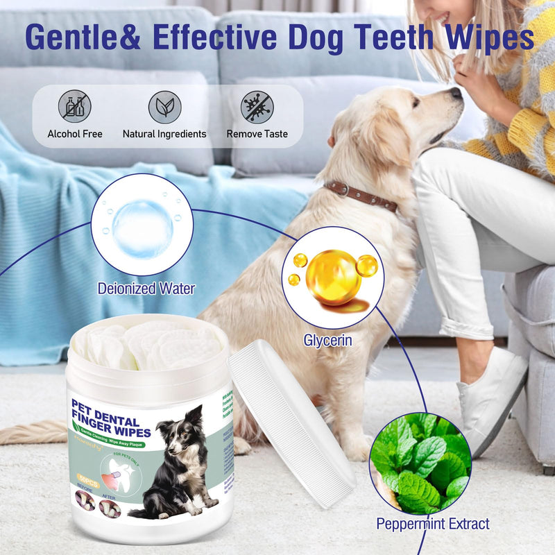 Pet Teeth Cleaning Finger Wipes for Dogs & Cats, Dog Dental Wipes for Removing Plaque and Tartar Buildup, No-Rinse Disposable Gentle Cleaning & Gum Care Pet Wipes, 50 Counts
