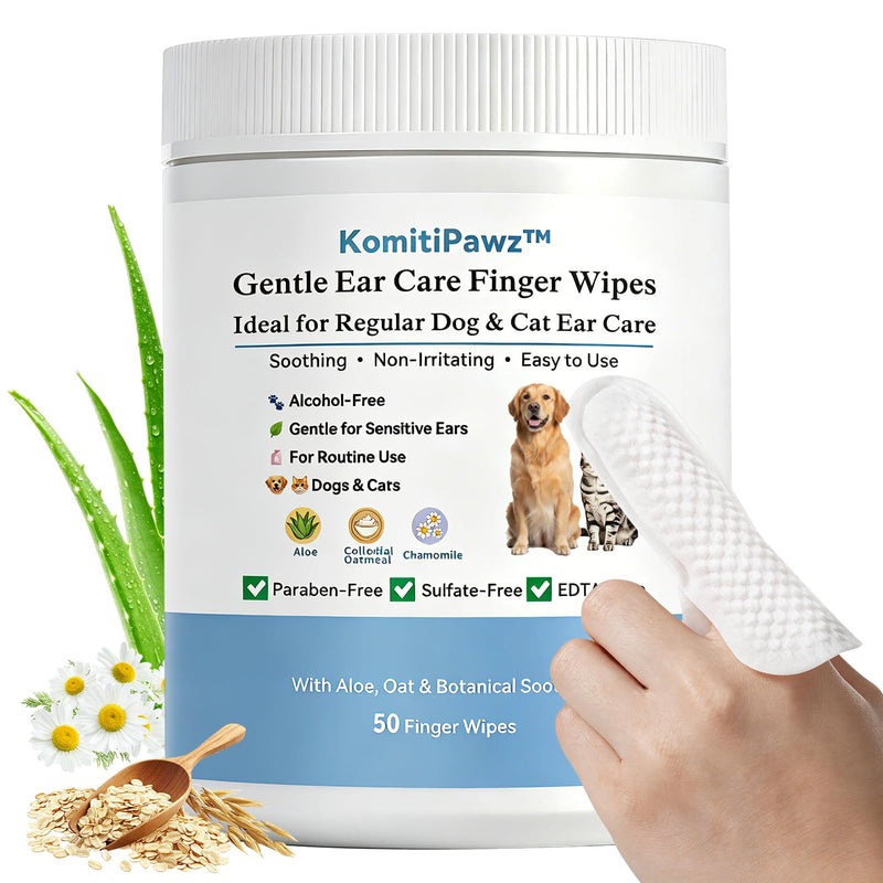 Dog Ear Finger Wipes for Dogs & Cats, Removes Ear Wax & Buildup, Better Than Ear Drops, Larger No-Slip Finger Fit for Better Control, Aloe Vera & Witch Hazel, Gentle for Sensitive Ears - 50 Count