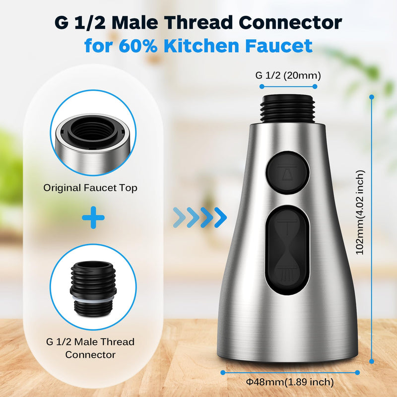 Kitchen Faucet Head Replacement 3 Modes with 17 Adapters, Pull Down Spray Head for Kitchen Faucet, Kitchen Sink Faucet Head G 1/2, Sprayer Head Replacement, Compatible with Moen，Delta, Kohler Faucets Brushed Nickel with 17 Adapters