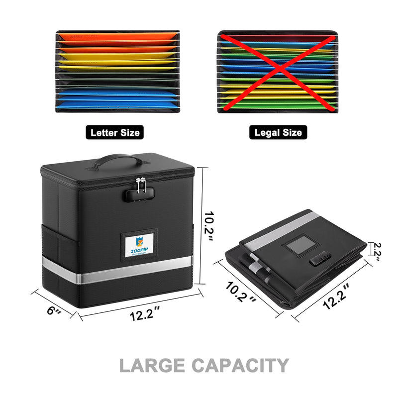 Fireproof File Box with Lock, Document Box Storage Organizer, Suitable for Hanging File Folders in Letter Size, Collapsible File Box, Reflective Strip for Fast Find (12.2"*6"*10.2, Black) Small