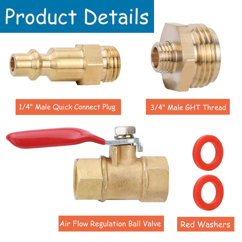 RV Winterize Blowout Adapter Kit - 1/4" Male Quick Connect Plug and 3/4" Male GHT Thread, Wintering Quick Fitting with Ball Valve and 2 Pcs Washers for Winterize RV Boat Camper Trailer