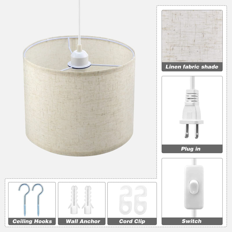 Plug in Pendant Light, 15 FT Hanging Lamp with Plug in Cord, On/Off Switch, Pendant Lighting with Fabric Shade, Hanging Light Fixture for Living Room, Bedroom, Dining Room, Kitchen (Beige) Beige