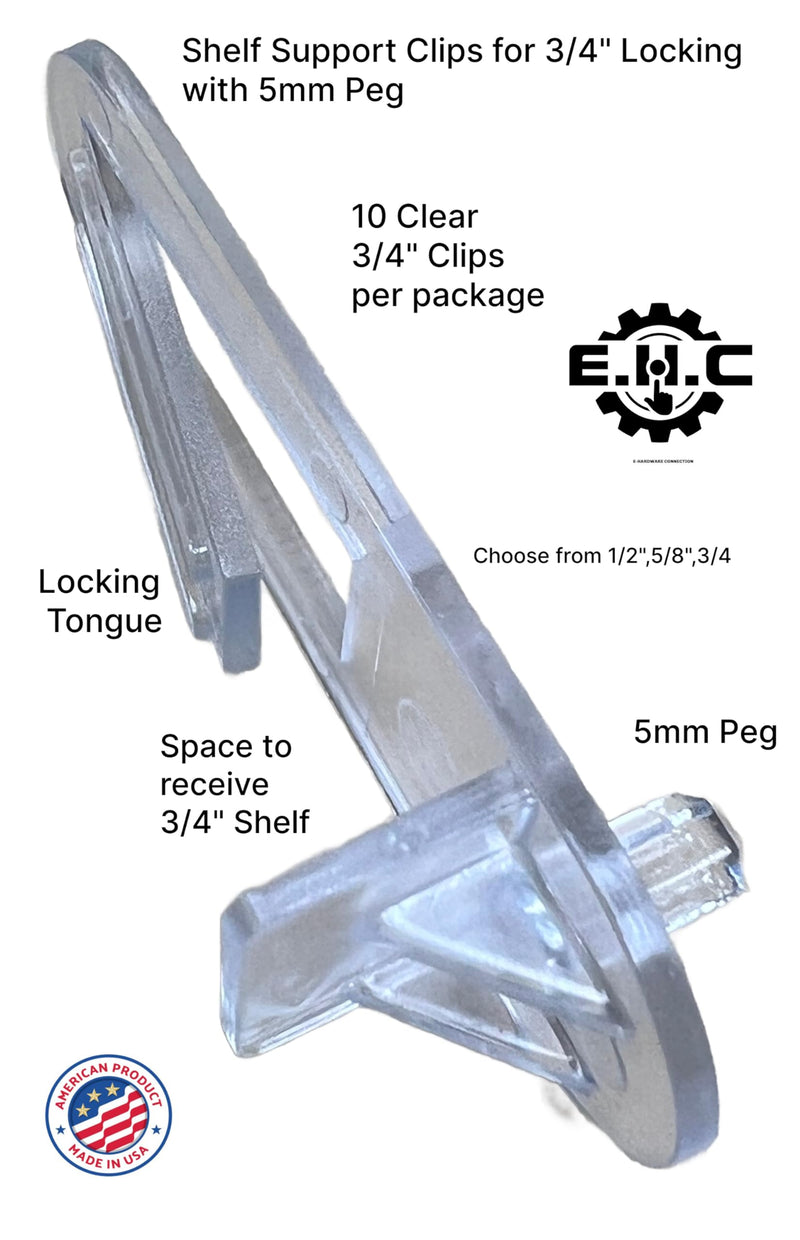 Shelf Support Clips Locking 5mm peg (Choose Your Shelf Thickness 1/2", 5/8", 3/4") Cabinet/Furniture/Shelf Clips/New/Replacement (10 Clear Locking Plastic Clips per Bag) by E.H.C. (3/4" Thick Shelf) 3/4" Thick Shelf