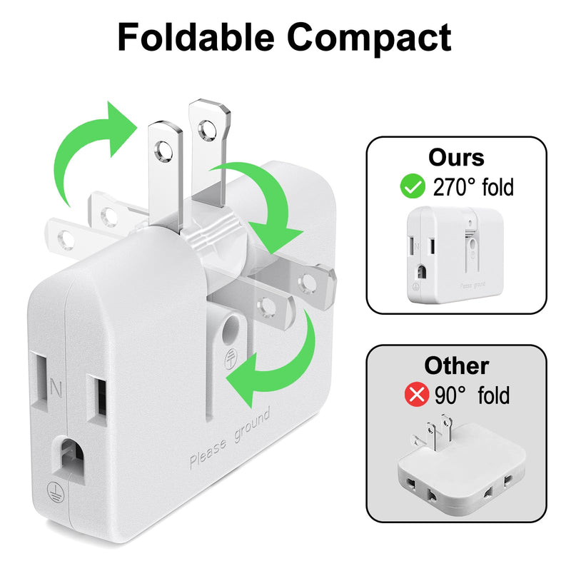2-3 Prong Adapter,2 Prong to 3 Prong Outlet Adapter, 3 Prong to 2 Prong Adapter Converter,flat wall plug, Swivel Polarized Grounding Converter, Fireproof 3 Outlet Adapter for Household,2 Pack White