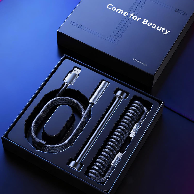 Mix Coiled Keyboard Cable, USB C to A Nylon Braided for Mechanical Gaming Keyboard with Zinc Alloy Connector, One-Touch Lock & Weighted Bar, Supports 8K Polling Rate Magnetic Keyboard, Black