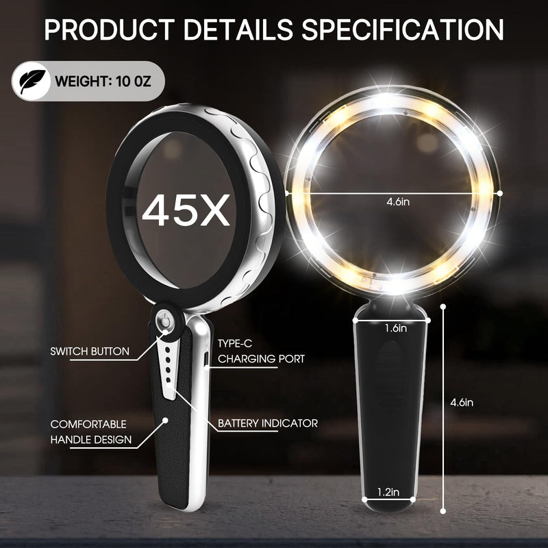 45X Magnifying Glass with Light, 4.6 Inch 1200mAh USB Rechargeable, 6 Lighted Modes, Large Handheld Magnifier for Low Vision Seniors with Macular Degeneration, Reading, Jewelry, Coins - Black