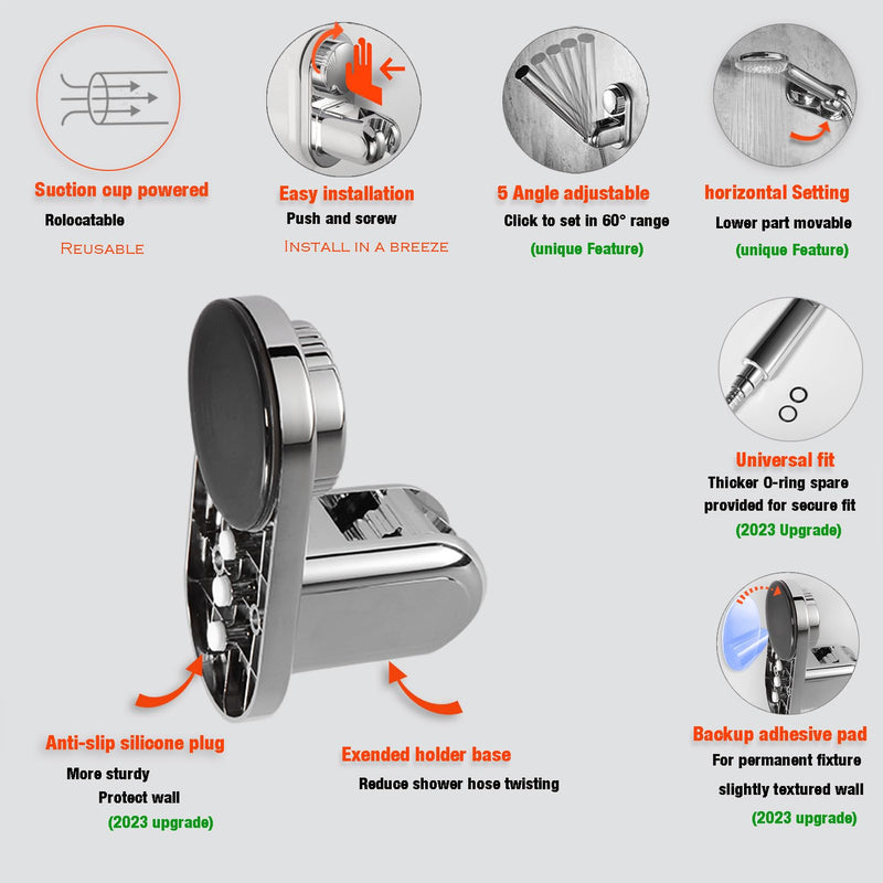 Suction Cup Handheld Shower Head Holder - Relocatable - 5 Angles Adjustable - Unique Horizontal Setting - Large Shower Head Supports - Wider Input - Wall Mounted with Vacuum Power (Polished Chrome)