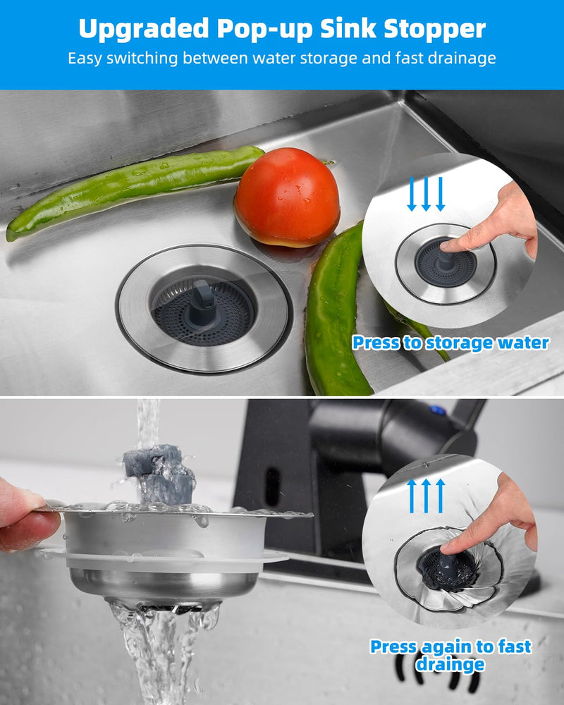Hibbent Upgraded 3 in 1 Kitchen Sink Drain Strainer and Stopper Combo, Stainless Steel Metal Pop Up Sink Stopper, Anti-Clogging Basket with Foldable Handle for US Standard 3-1/2 Inch Drain Stainless Steel with 1 Strainer