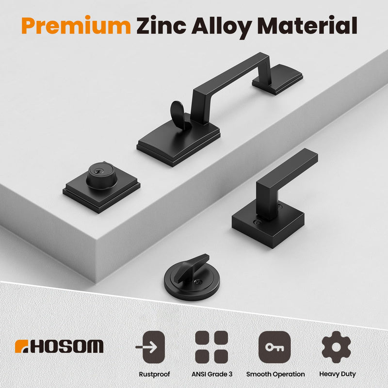 HOSOM Front Door Lock Set Black Front Door Handle with Deadbolt and Lever Set Exterior Door Handle Set with Single Cylinder Deadbolt Entry Door Locksets for Right&Left Handed, Matte Black Modern