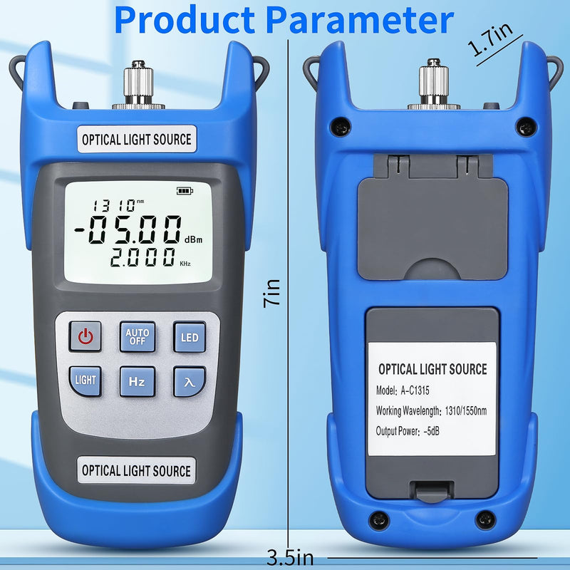 Rechargeable Fiber Optic Light Source A-C1315 Fiber Optic Cable Tester Single-Mode Dual wavelength 1310/1550nm Fiber Optic Power Meter Suitable for SC/FC/ST/LC Interface Equipped with 1 FC-LC Adapter