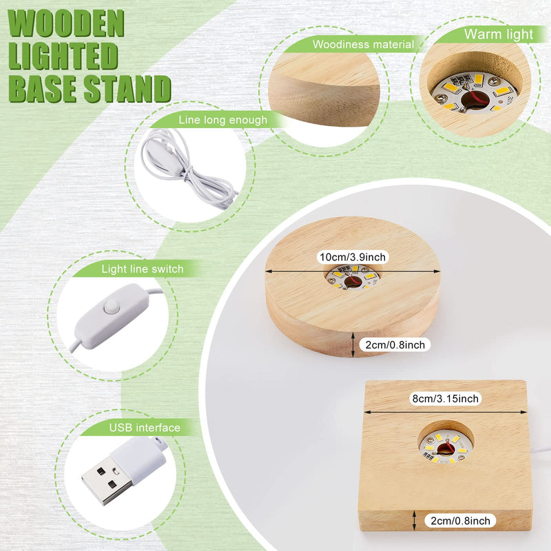 Honoson 2 Pcs LED Base Wood Light Display Base for Crystal Glass Art Resin Light Display Base Stand with 6 LED Wooden Crystal Light Resin Lamp Display Stand for 3D Crystal Laser USB Only(Square, Round) Square, Round