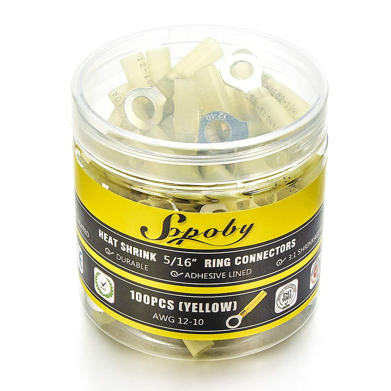 100PCS Heat Shrink Crimp Ring Connectors 5/16" Yellow 12-10 AWG - Sopoby Heat Shrink Connectors - Electrical Connectors - Automotive Marine Ring Connectors 100 Ring Connectors 5/16"