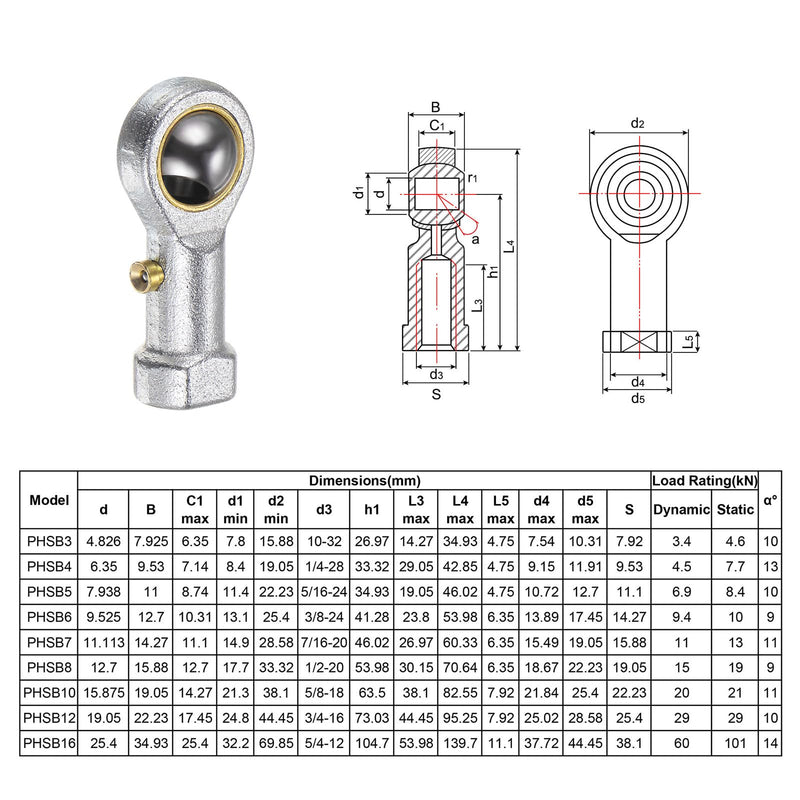 uxcell 4pcs PHSB4 Female Rod End Bearing 1/4 Inch Bore and 1/4-28 Right Hand Thread, Self-Lubricating Joint Rod Ends, Includes Jam Nuts