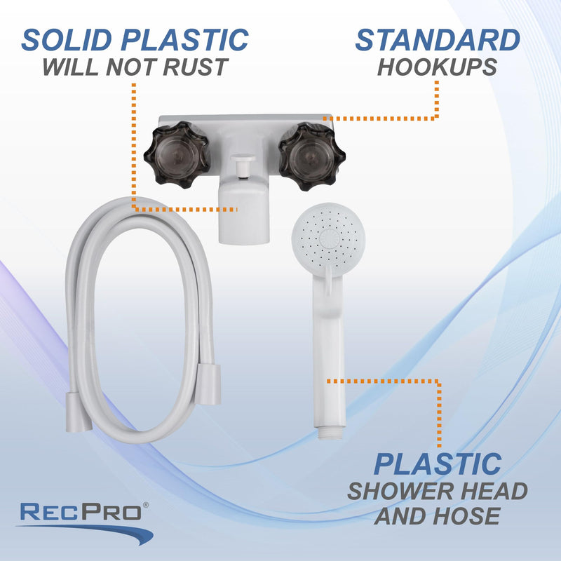 RecPro 4" RV Tub and Shower Diverter Faucet White/Smoke with Handheld Shower Head & Hose