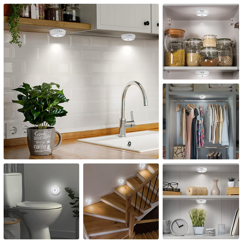 BLS Motion Sensor Light Indoor, Wireless LED Night Light, Under Cabinet Lighting, Battery Powered Puck Lights for Closet, Kitchen, Stairs, Wall, AA Battery Operated, Stick on, Dimmable, White, 6 Pack 6000K Clean White-6 Pack
