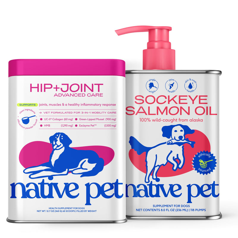 Native Pet Active Joints & Radiant Coat Pack: Hip & Joint Supplement for Dogs - Supports Joints, Cartilage, Muscles & Anti-Inflammatory 60 Scoops & Salmon Oil for Dogs & Cats Pure Omega-3 Fish Oil 8oz