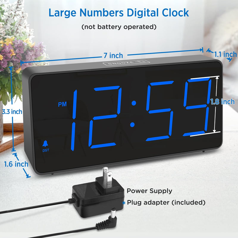 Peakeep Digital Alarm Clock for Bedroom Bedside, Loud Alarm Clock for Heavy Sleepers, Large Big LED Numbers for Seniors, Battery Backup Plug in Electric Clock with USB Charger (Blue) Blue