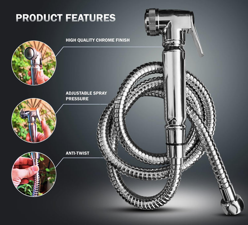 Handheld Toilet Bidet Sprayer - Shattaf Set, Jet Spray with Easy Installation, Muslim Shower for Feminine wash, Baby Cloth Diaper, Personal Hygiene, 120cm Stainless Steel Hose Pipe, Chrome
