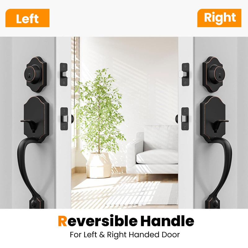 HOSOM Front Door Handle and Deadbolt Set, Single Cylinder Exterior Front Door Lock Set with Interior Door Knob, Front Door Knob Reversible for Right and Left Handed, Oil Rubbed Bronze