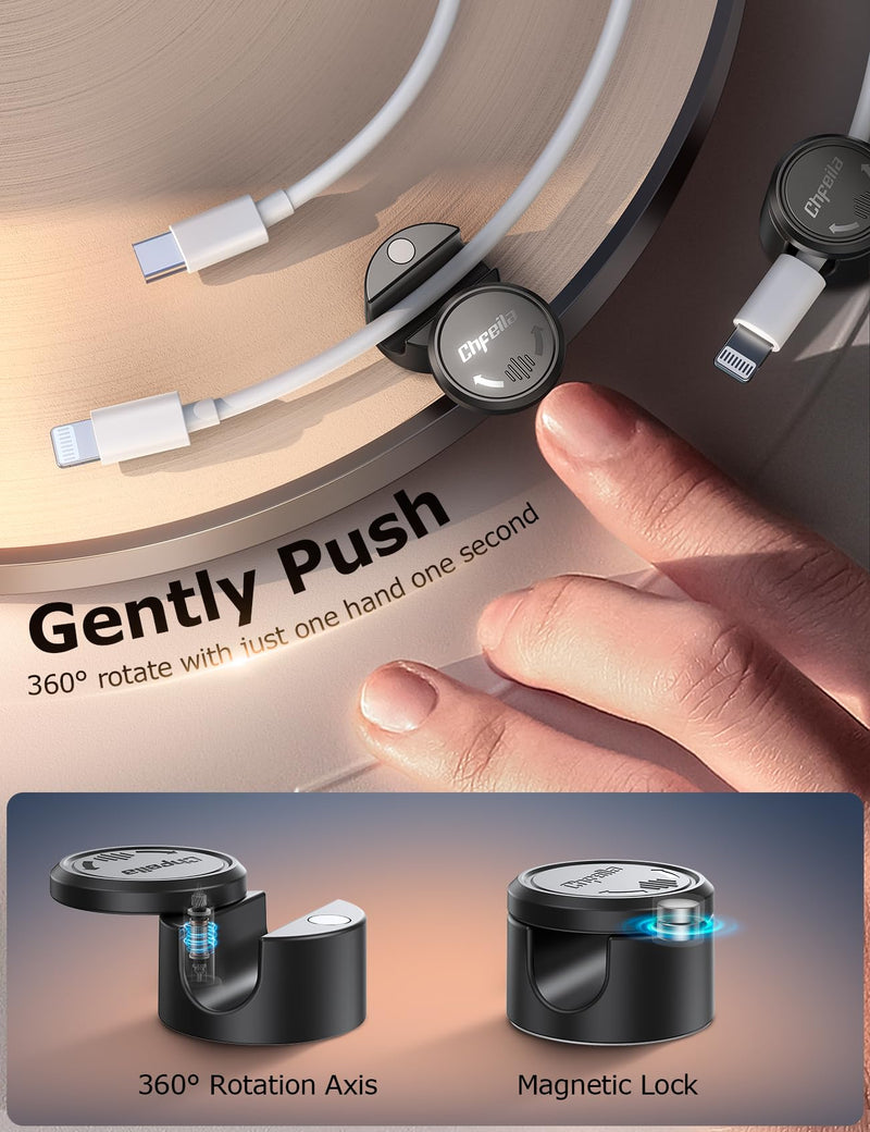 9 Pack Cable Clips, Chfeila Magnetic Cord Holder [360°Rotating Twist-Lock] Cable Management, Adhesive Cord Organizer for Desk, Cable Organizer for Nightstand, Home, Office, Desktop, Car, Wall (Black) Black