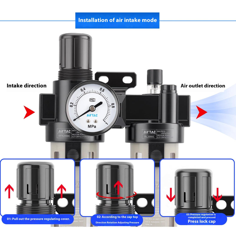 Compressed Air Filter Regulator Lubricator Combo Airtac BFC3000-C 3/8''NPT 0-140 PSI with Pressure Gauge Semi-Auto Drain 3 in 1 Two FR.L Unit BFC3000C 3/8'' NPT