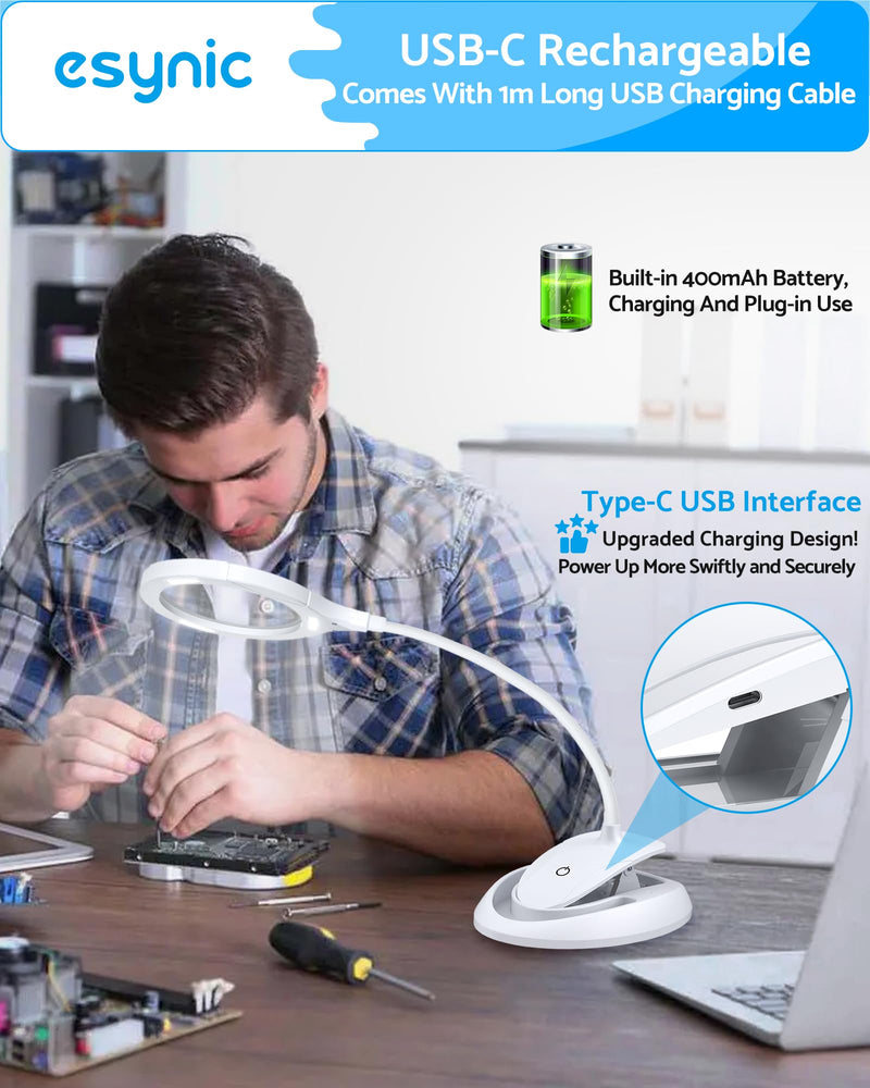 eSynic Lighted Magnifying Glass with Stand-USB-C Rechargeable-5X&10X Magnification-4.3" Large Lens-Desk Magnifier Lamp With Clamp & Heavy Base-3 Levels Brightness-Flexible Gooseneck for Reading Crafts