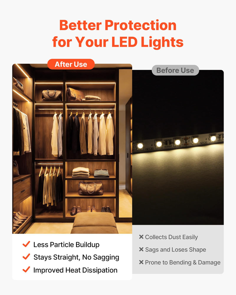 VEVOR 6-Pack 3.3 ft/1M U Shape LED Aluminum Channel, with Milky Cover, End Caps and Mounting Clips, Aluminum Profile for LED Strip Light Installations, Easy Installation, for Under Cabinet Counter 6Pcs* 3.3ft