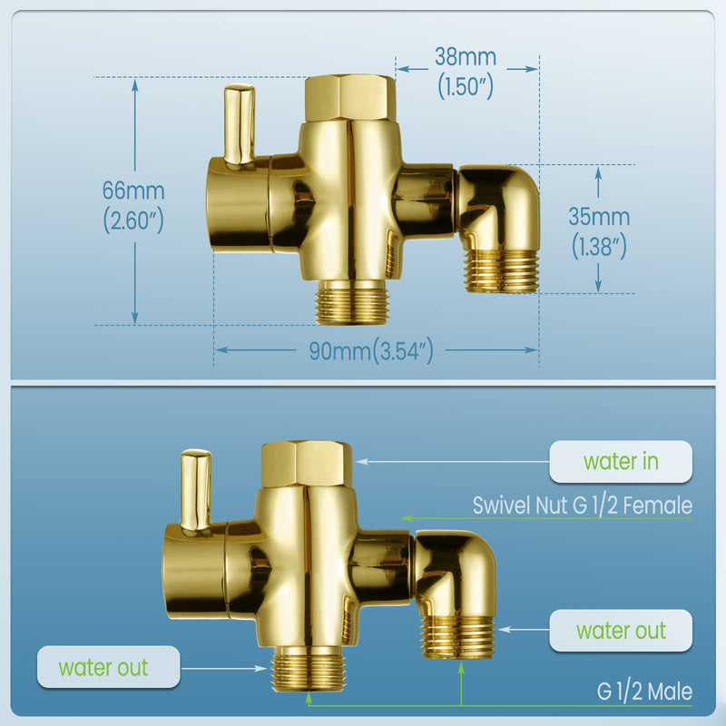 Brass Shower Diverter Valve for Handheld Shower Head and Fixed Spray Head G1/2 3 Way Universal Bathroom System Component Replacement Part, Polished Gold