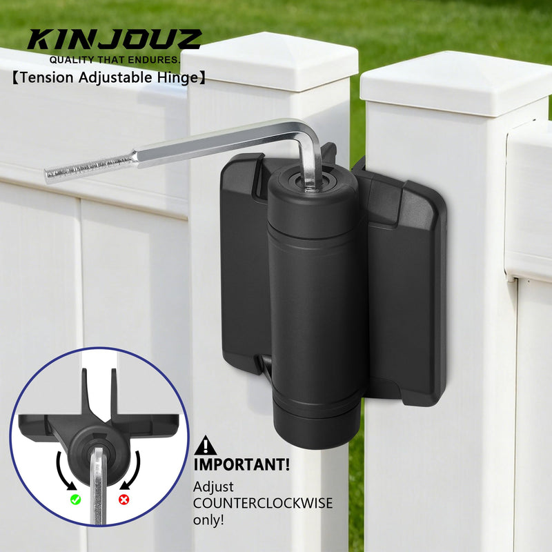Self Closing Gate Hinges, Heavy Duty Adjustable Tension Nylon Hinge | Fence Hinges Kit for Outdoor Metal/Vinyl/Wooden Gate with Safety Cap, 1 Pair Black