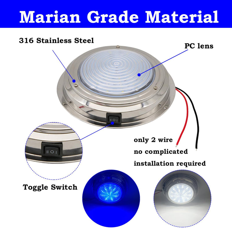 Marine Boat Dome Light, Dual Color 7" 12V Interior Cabin Lights with Toggle Switch, Stainless Steel Surface Mount (White|Blue) White | Blue