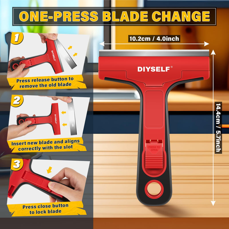 DIYSELF 1 Pack Razor Blade Scraper, Razor Scraper for Cleaning Stove Top, Cooktop, Oven, Glass Scraper, Paint Scraper, Scraper Tool Kitchen, Window Scraper with 10 Extra 4-Inch Razor Blade Red